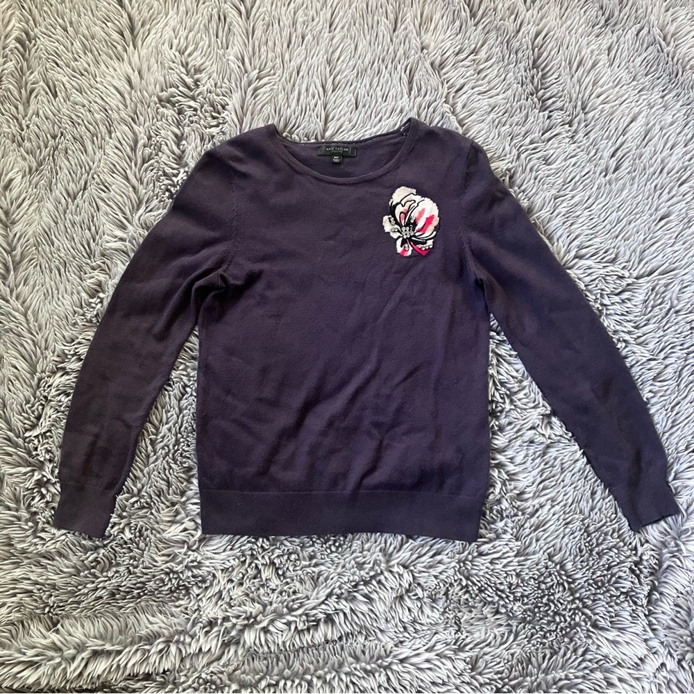 Ann Taylor - Medium Petite-Purple Sweater with Floral Accent - Picture 2 of 10
